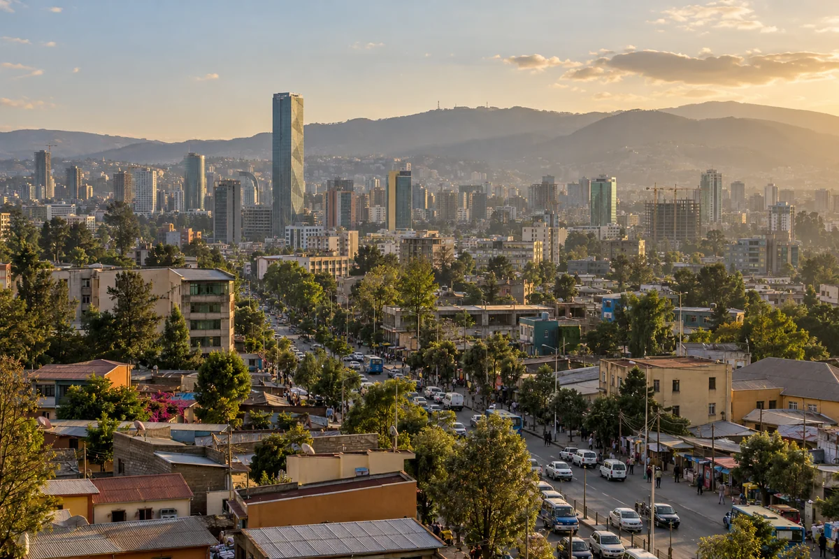 Addis Ababa's skyline and surrounding neighborhoods at sunset